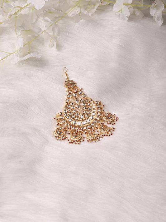 Women's Gold-Plated White Red Kundan-Studded Beaded Jhumar Passa - Ruby Raang - Grab2buy