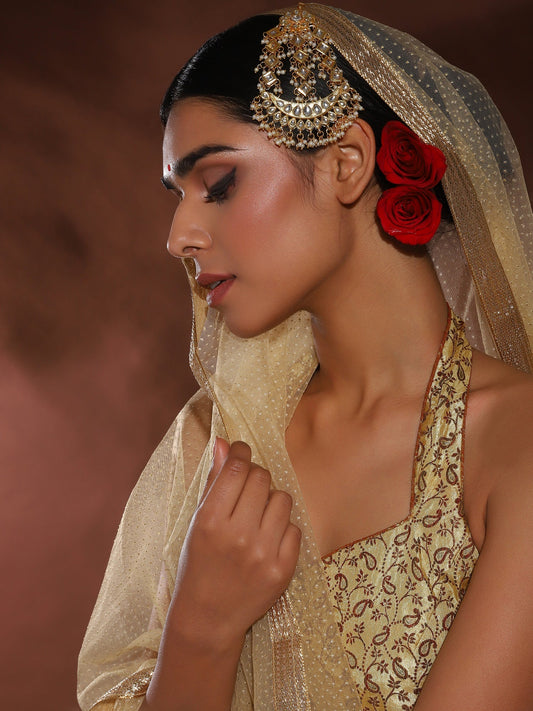 Gold-Plated White Gold Kundan-Studded Beaded Jhoomar Passa - Ruby Raang - Grab2buy
