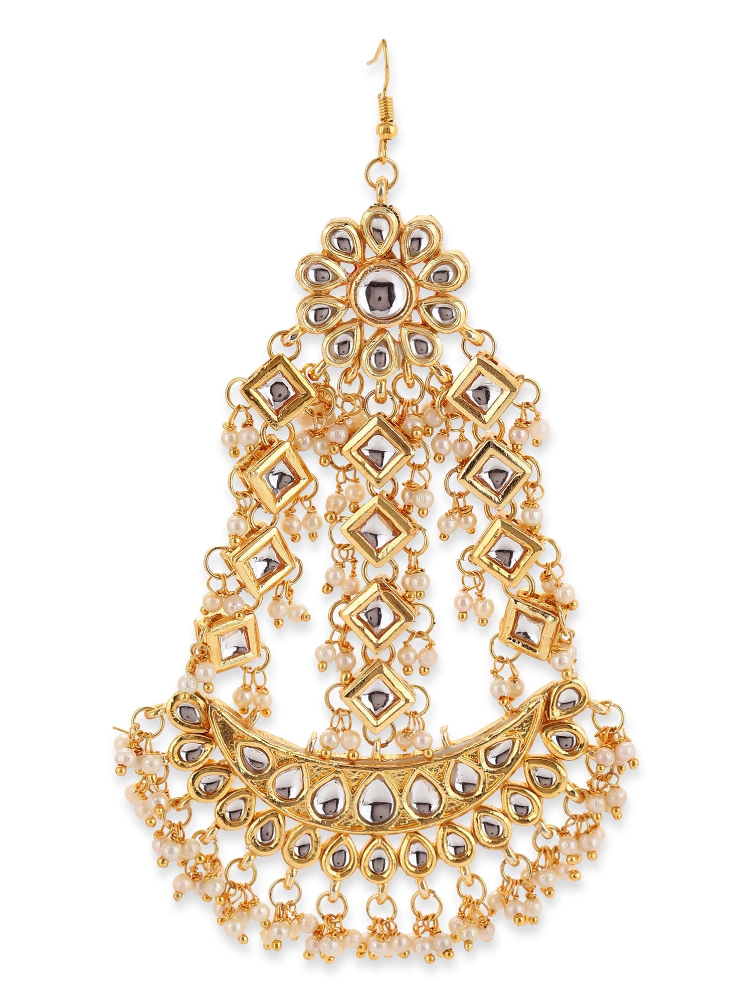 Gold-Plated White Gold Kundan-Studded Beaded Jhoomar Passa - Ruby Raang - Grab2buy