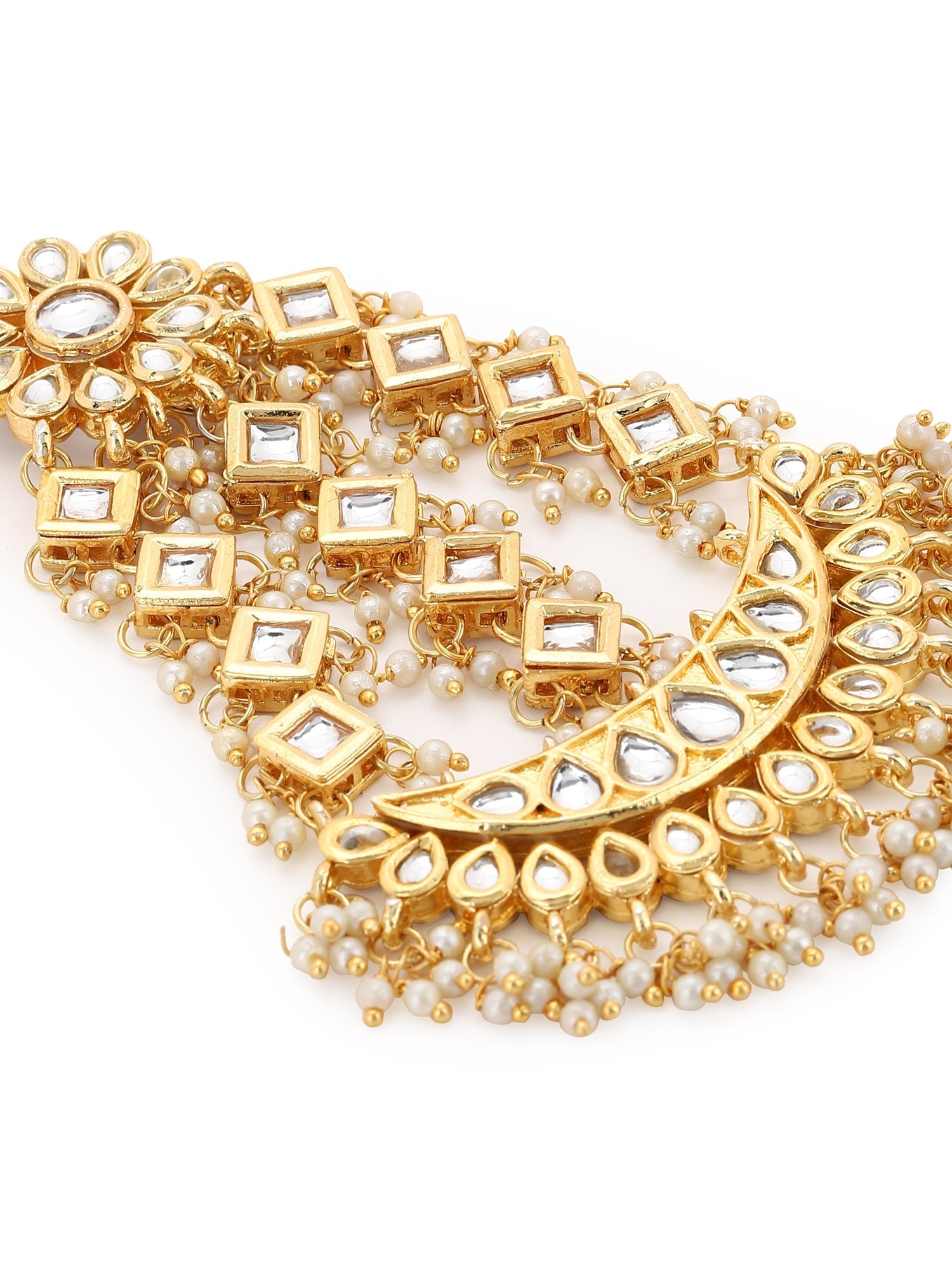 Gold-Plated White Gold Kundan-Studded Beaded Jhoomar Passa - Ruby Raang - Grab2buy
