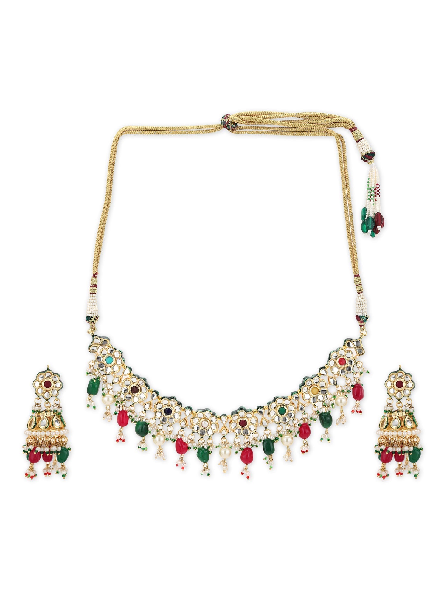 Gold-Plated Green White Kundan Stone-Studded Pearl-Beaded Jewellery Set - Ruby Raang - Grab2buy