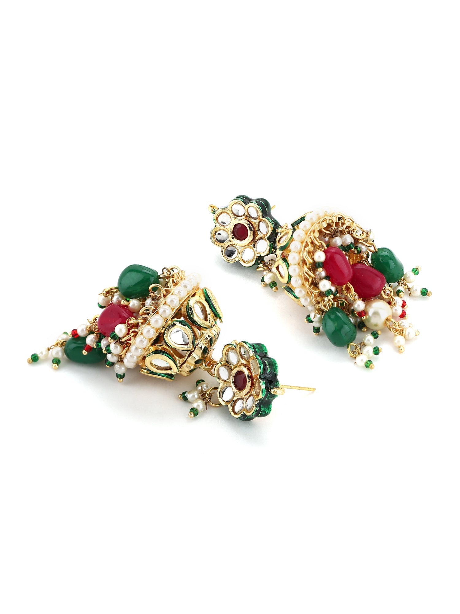 Gold-Plated Green White Kundan Stone-Studded Pearl-Beaded Jewellery Set - Ruby Raang - Grab2buy