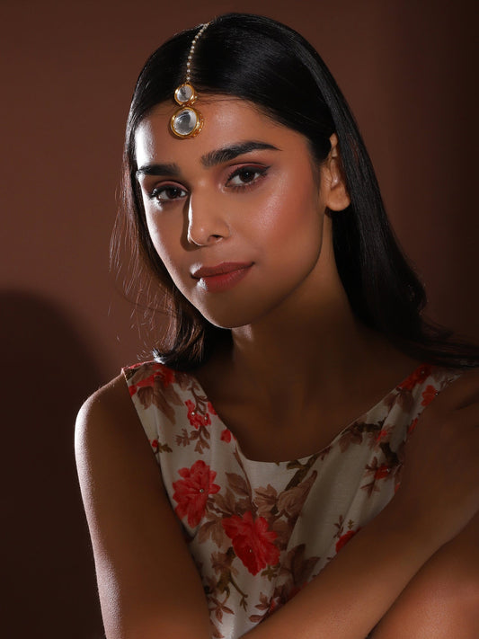 Gold-Plated White Kundan Studded Beaded Maang Tikka - Ruby Raang - Grab2buy