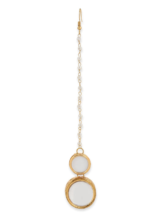 Gold-Plated White Kundan Studded Beaded Maang Tikka - Ruby Raang - Grab2buy