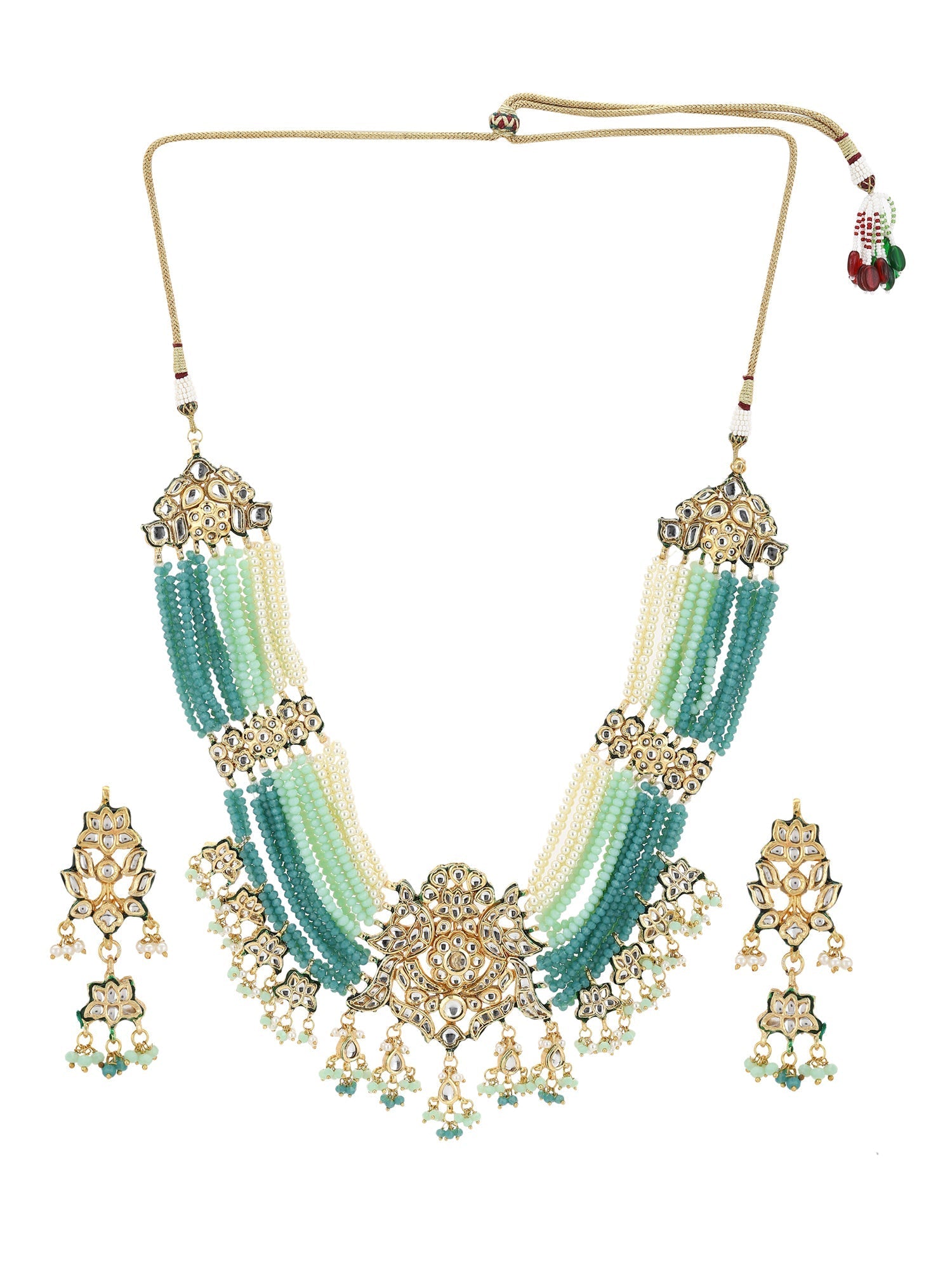 Gold-Plated Blue White Kundan Studded Beaded Jewellery Set - Ruby Raang - Grab2buy