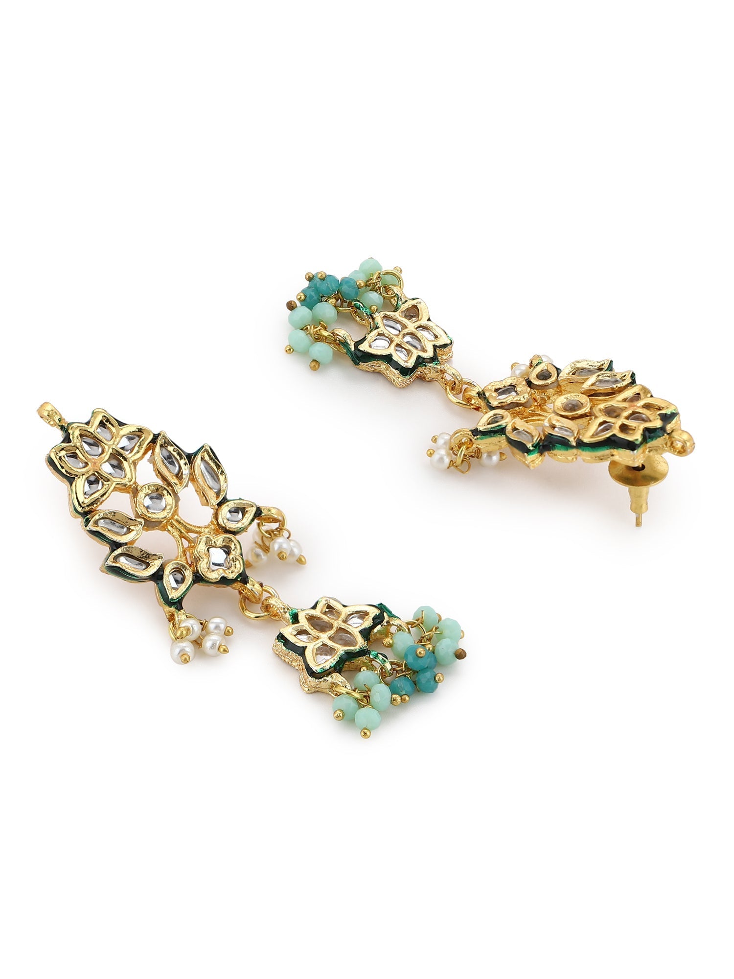 Gold-Plated Blue White Kundan Studded Beaded Jewellery Set - Ruby Raang - Grab2buy