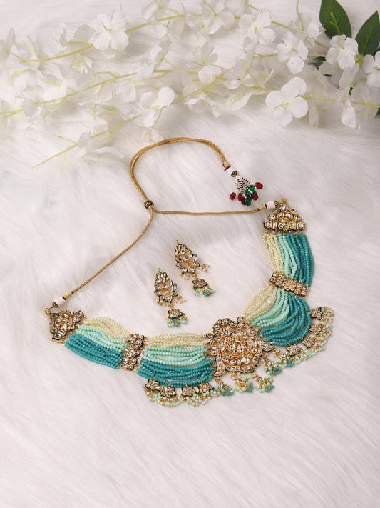 Gold-Plated Blue White Kundan Studded Beaded Jewellery Set - Ruby Raang - Grab2buy