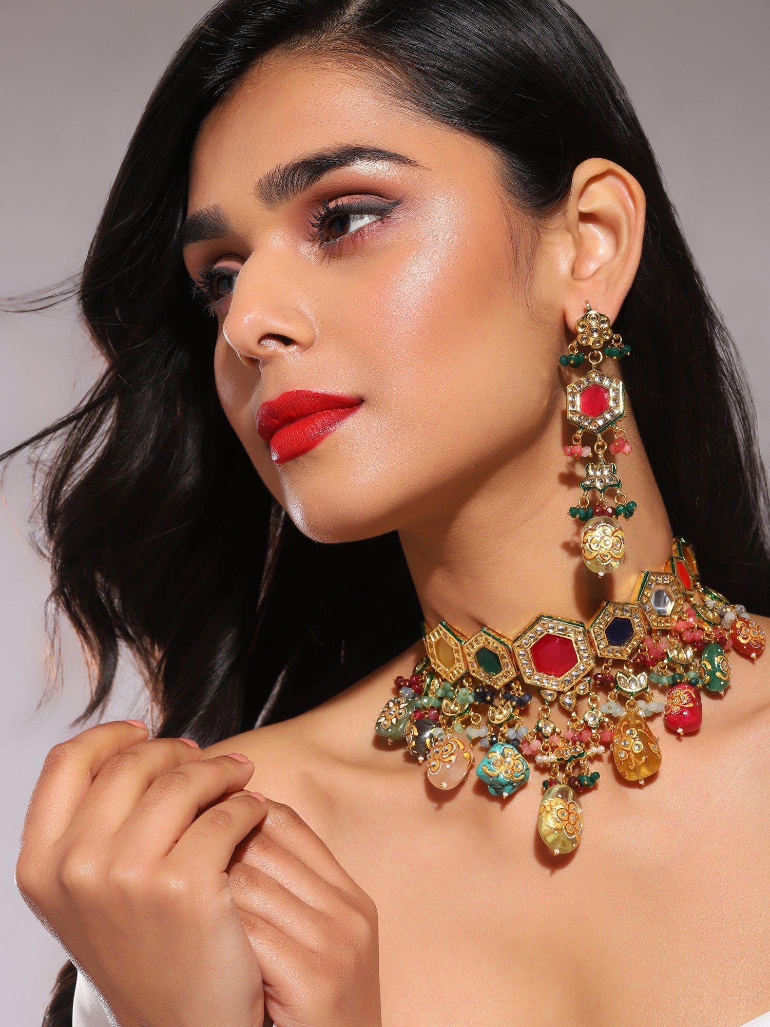 Gold-Plated Multicolored Kundan-Studded Beaded Jewellery Set - Ruby Raang - Grab2buy