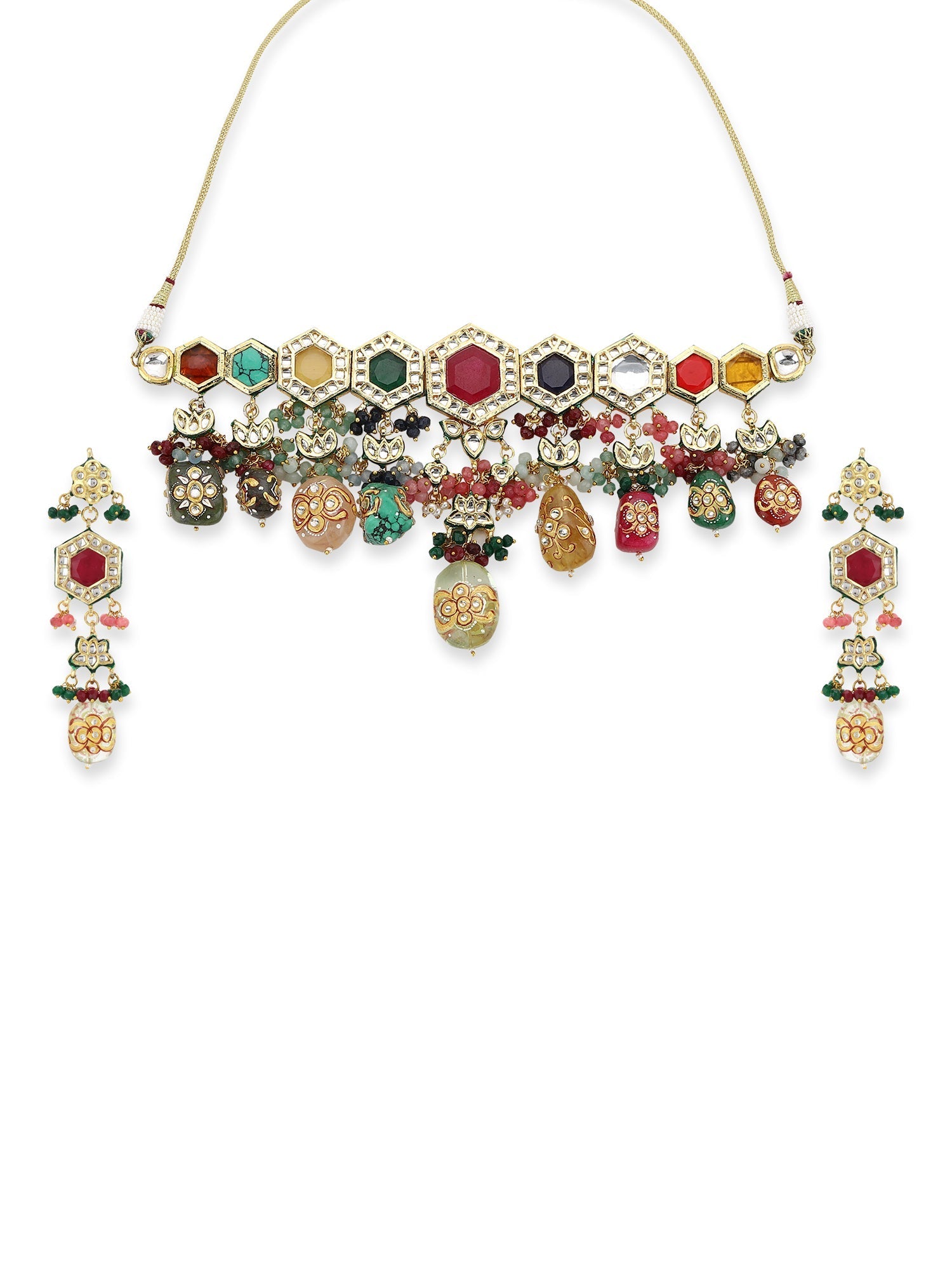 Gold-Plated Multicolored Kundan-Studded Beaded Jewellery Set - Ruby Raang - Grab2buy