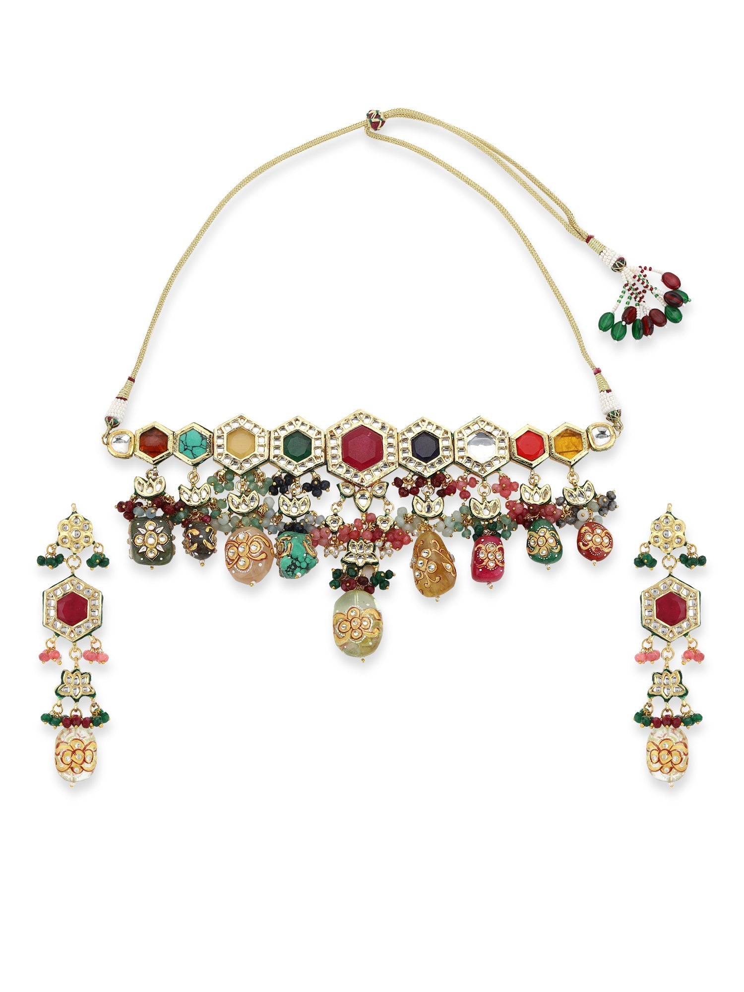 Gold-Plated Multicolored Kundan-Studded Beaded Jewellery Set - Ruby Raang - Grab2buy