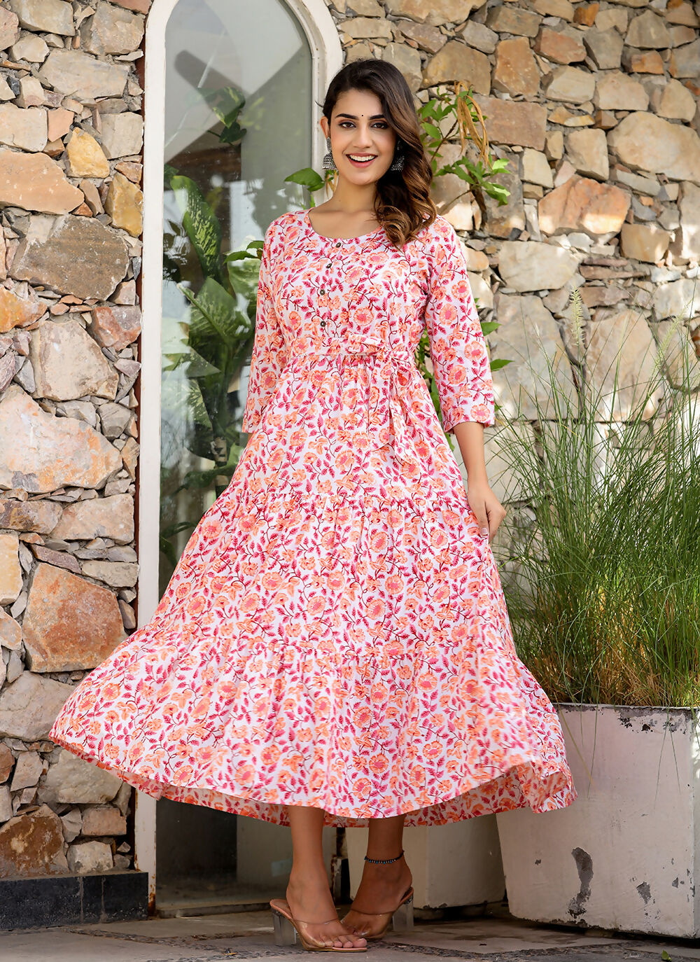 Kaajh Women's Orange Ethnic Floral Hand Block Print Cotton Dress