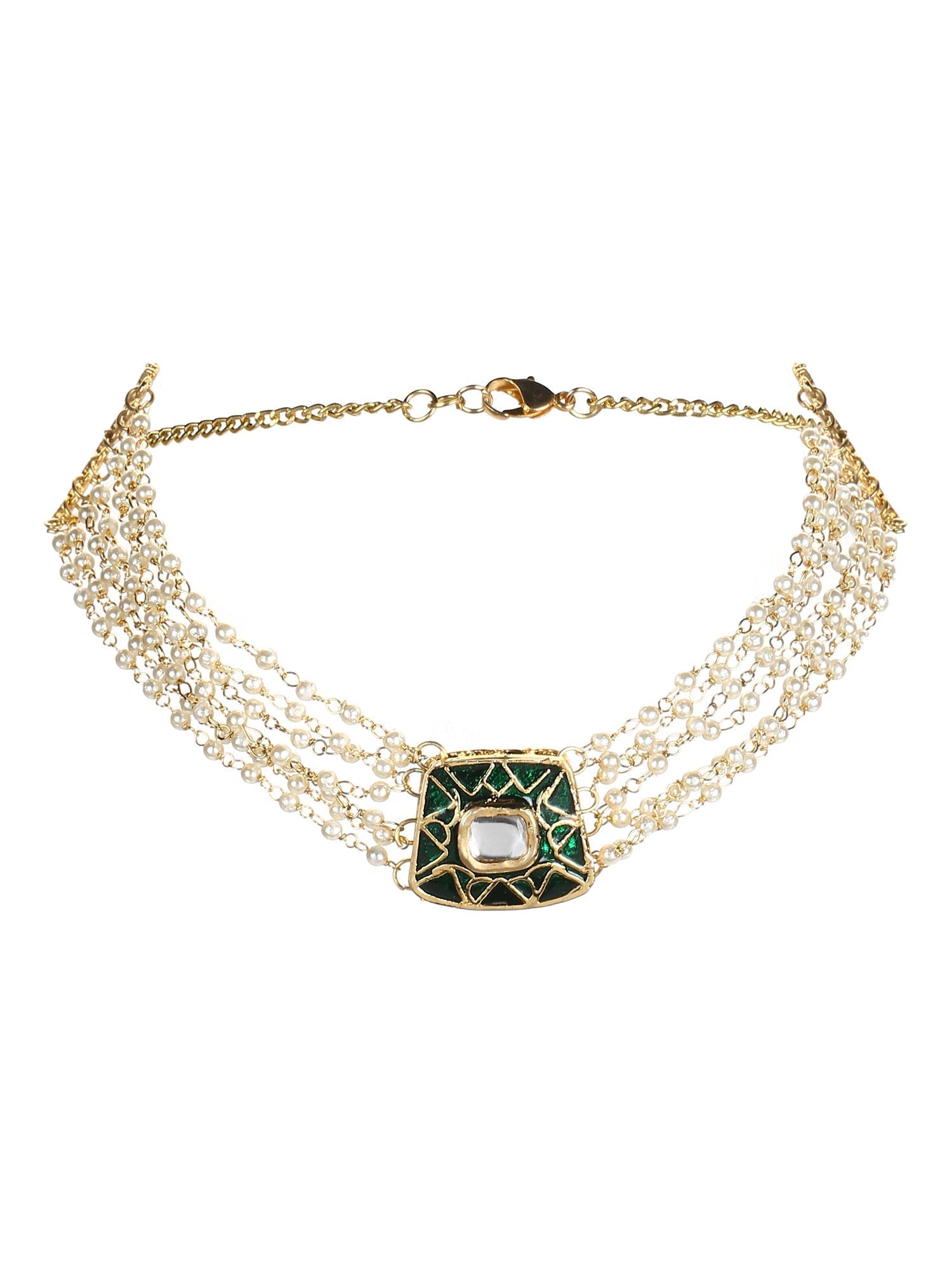Gold-Polished White Green Brass Kundan Pearls Choker Necklace - Ruby Raang | Swadesiicart