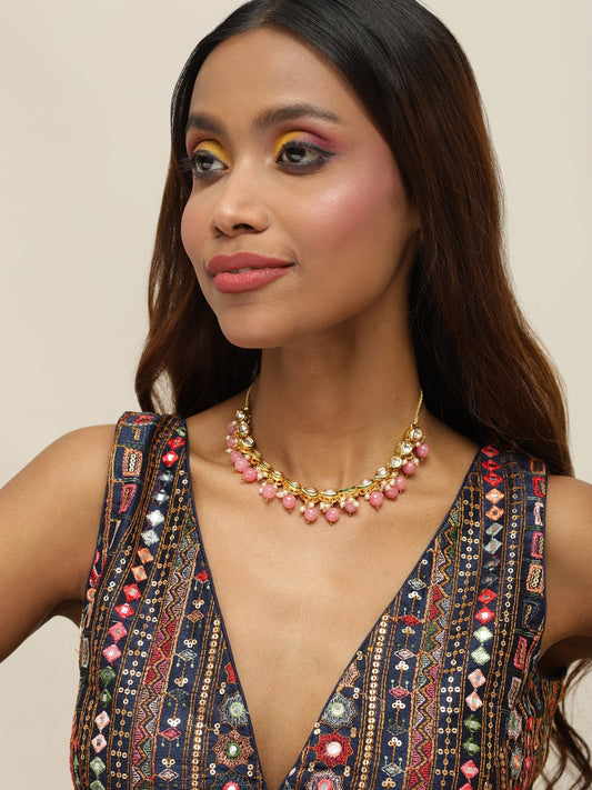 Gold-Toned Pink Gold-Polished Handcrafted Necklace - Ruby Raang | Swadesiicart