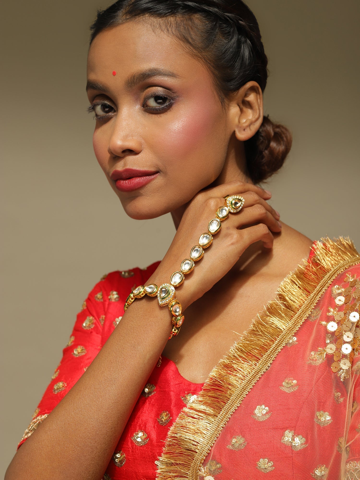 Women's Gold-Polished White Green Brass Kundan Ring Bracelet - Ruby Raang | Grab2Buy