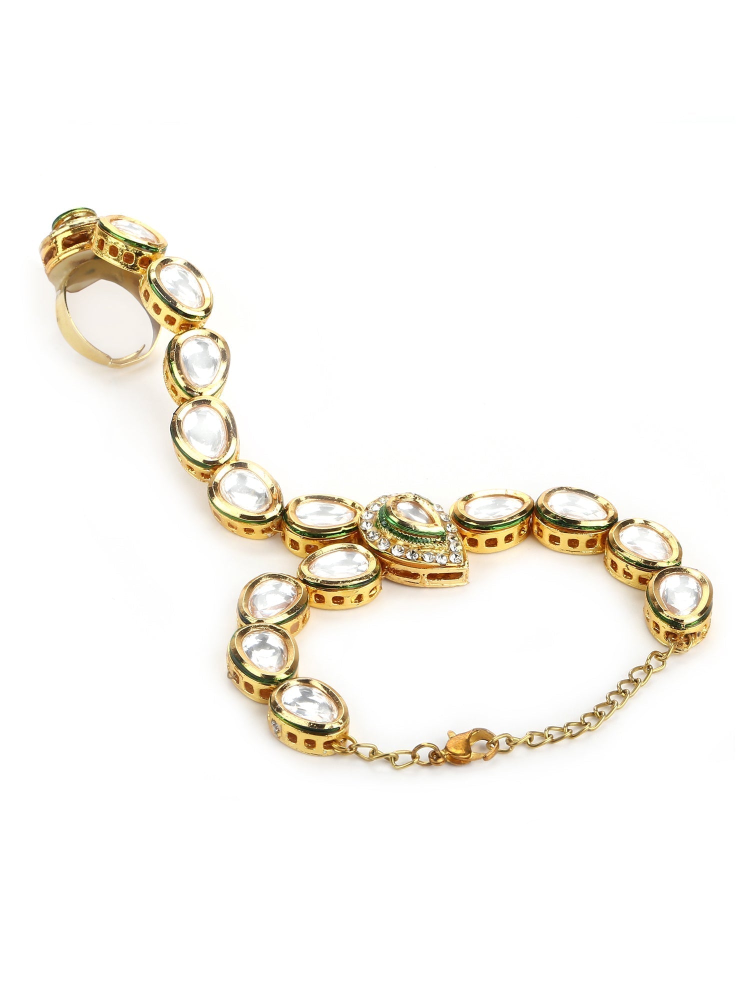 Women's Gold-Polished White Green Brass Kundan Ring Bracelet - Ruby Raang - Swadesiicart