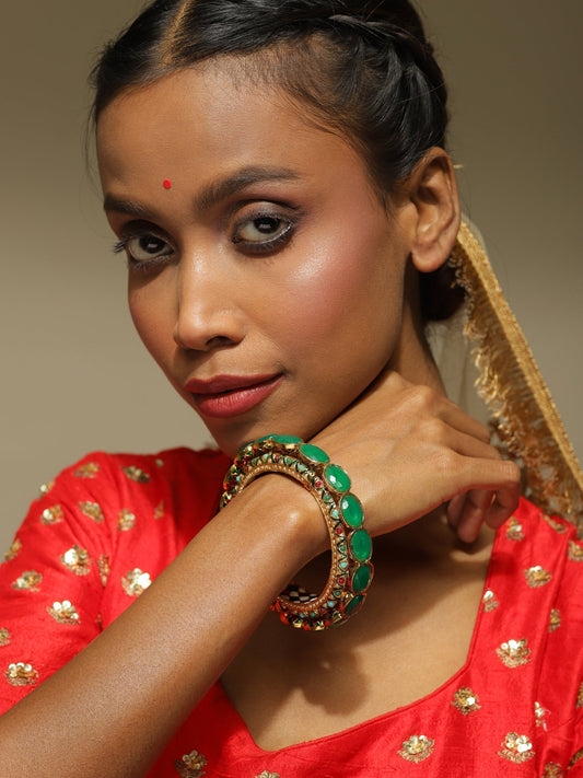 Gold-Polished Kundan Meenakari Bangle - Ruby Raang 