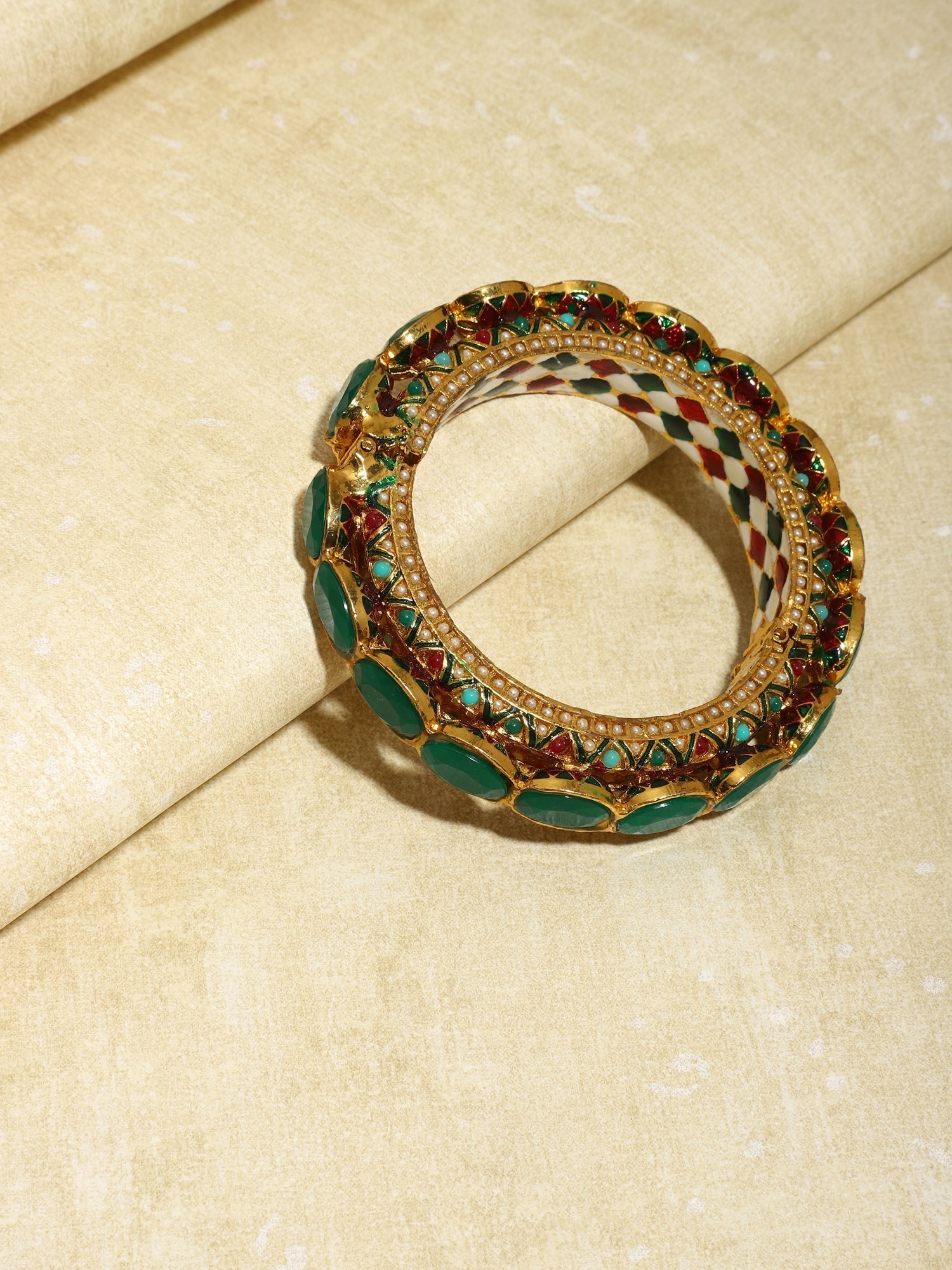 Gold-Polished Kundan Meenakari Bangle - Ruby Raang 