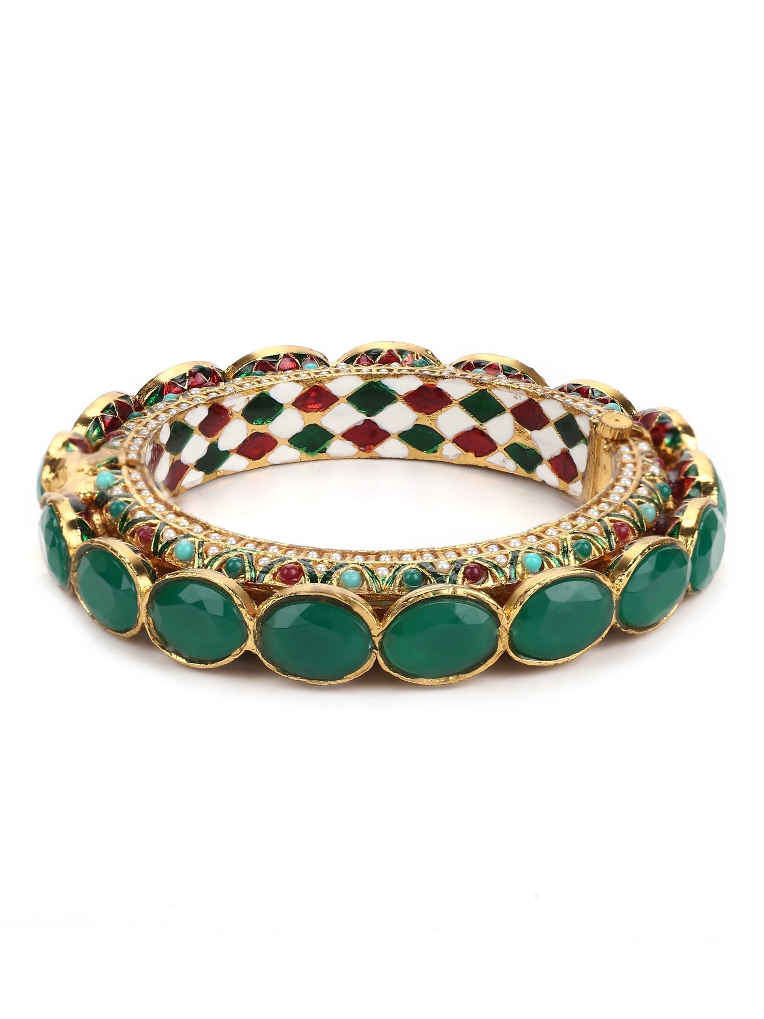 Gold-Polished Kundan Meenakari Bangle - Ruby Raang 