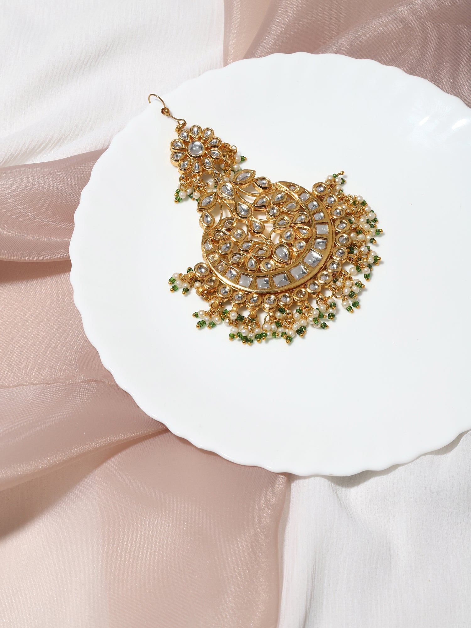 Gold Plated Kundan Studded Maang Tikka Jhoomar - Ruby Raang - Grab2buy