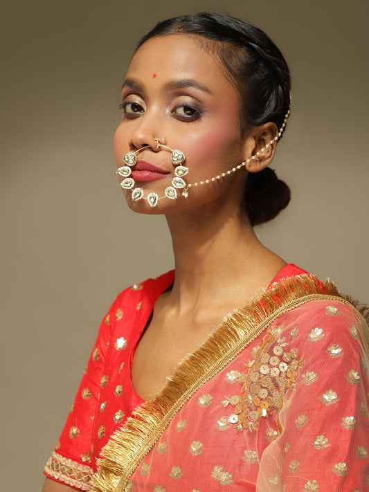 White Gold-Toned Plated Kundan Vilandi Chained Nose Ring - Ruby Raang - Grab2buy