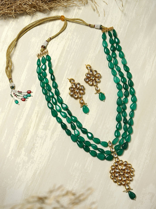 Green Gold-Plated Long Kundan Jewellery Set - Ruby Raang - Grab2buy