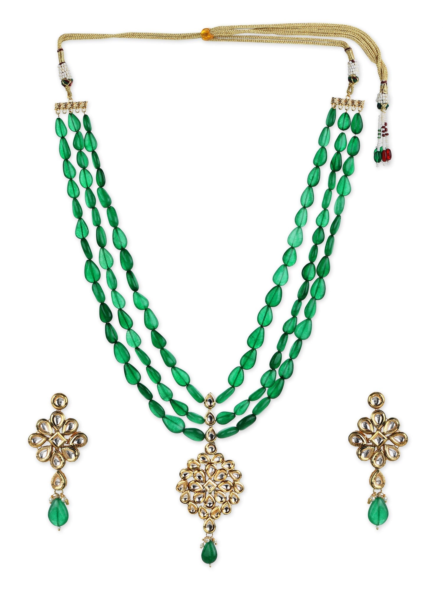 Green Gold-Plated Long Kundan Jewellery Set - Ruby Raang - Grab2buy