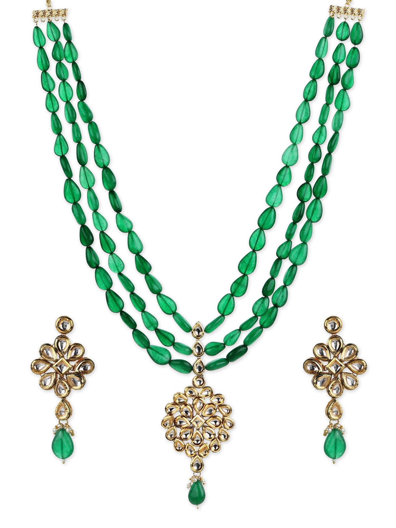 Green Gold-Plated Long Kundan Jewellery Set - Ruby Raang - Grab2buy