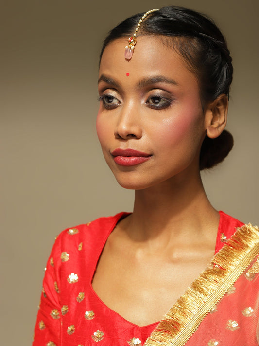 Gold-Plated Red Kundan-Studded Handcrafted Maang Tikka - Ruby Raang - Grab2buy