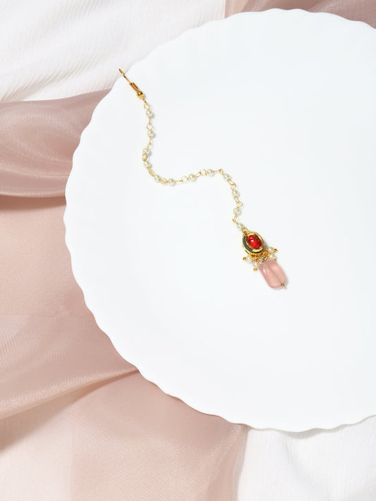 Gold-Plated Red Kundan-Studded Handcrafted Maang Tikka - Ruby Raang - Grab2buy