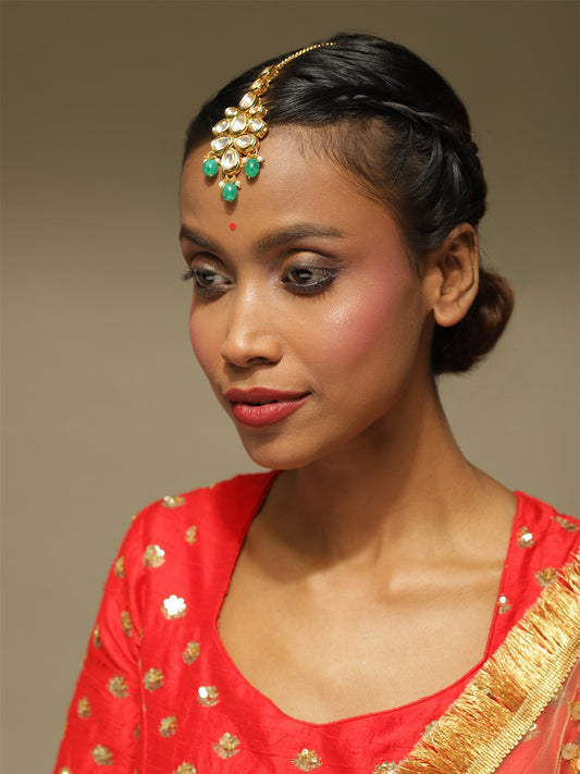 Gold-Plated Green White Kundan-Studded Maang Tikka - Ruby Raang - Grab2buy
