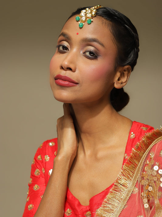 Gold-Plated Green White Kundan-Studded Maang Tikka - Ruby Raang - Grab2buy