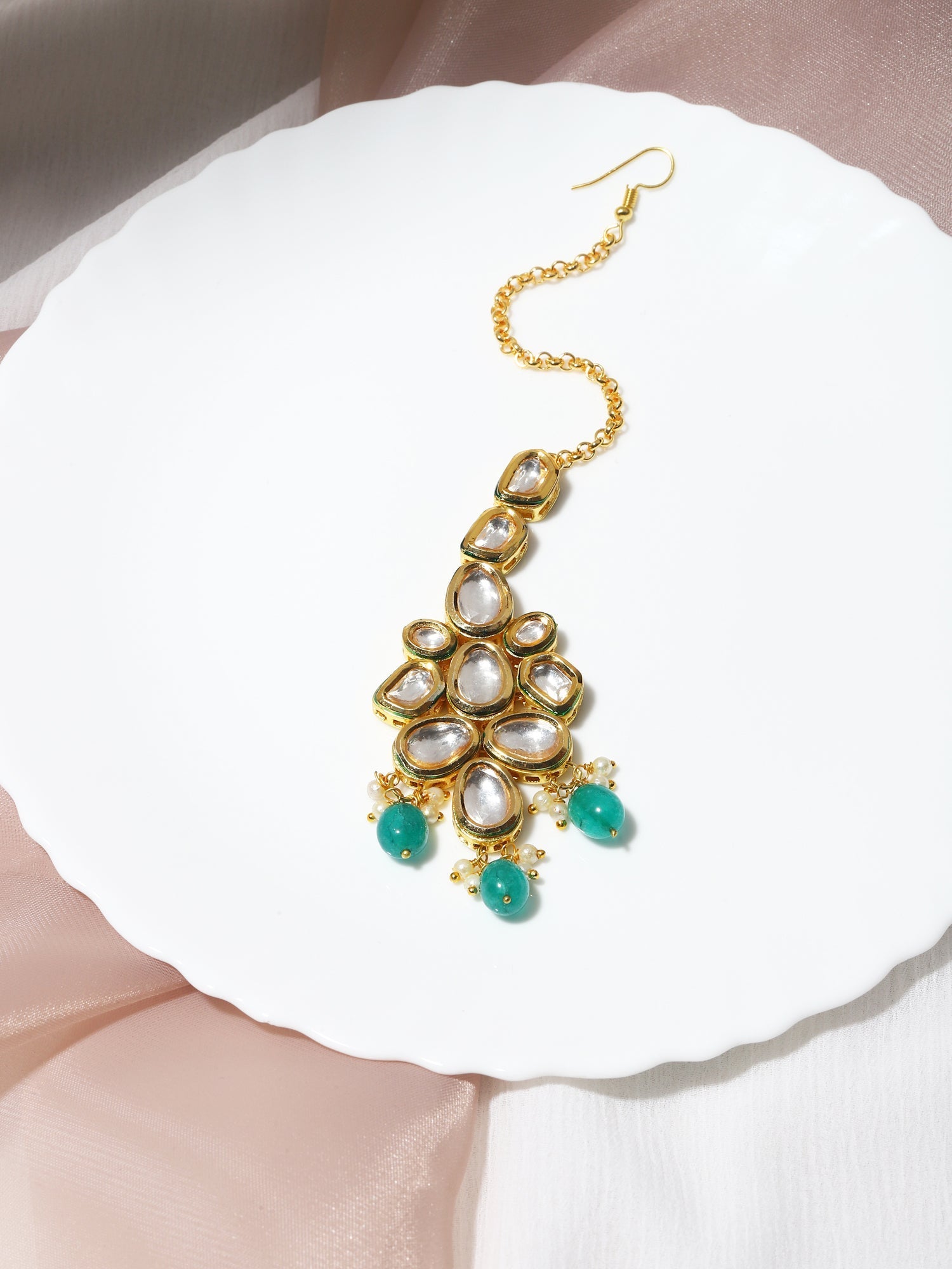 Gold-Plated Green White Kundan-Studded Maang Tikka - Ruby Raang - Grab2buy