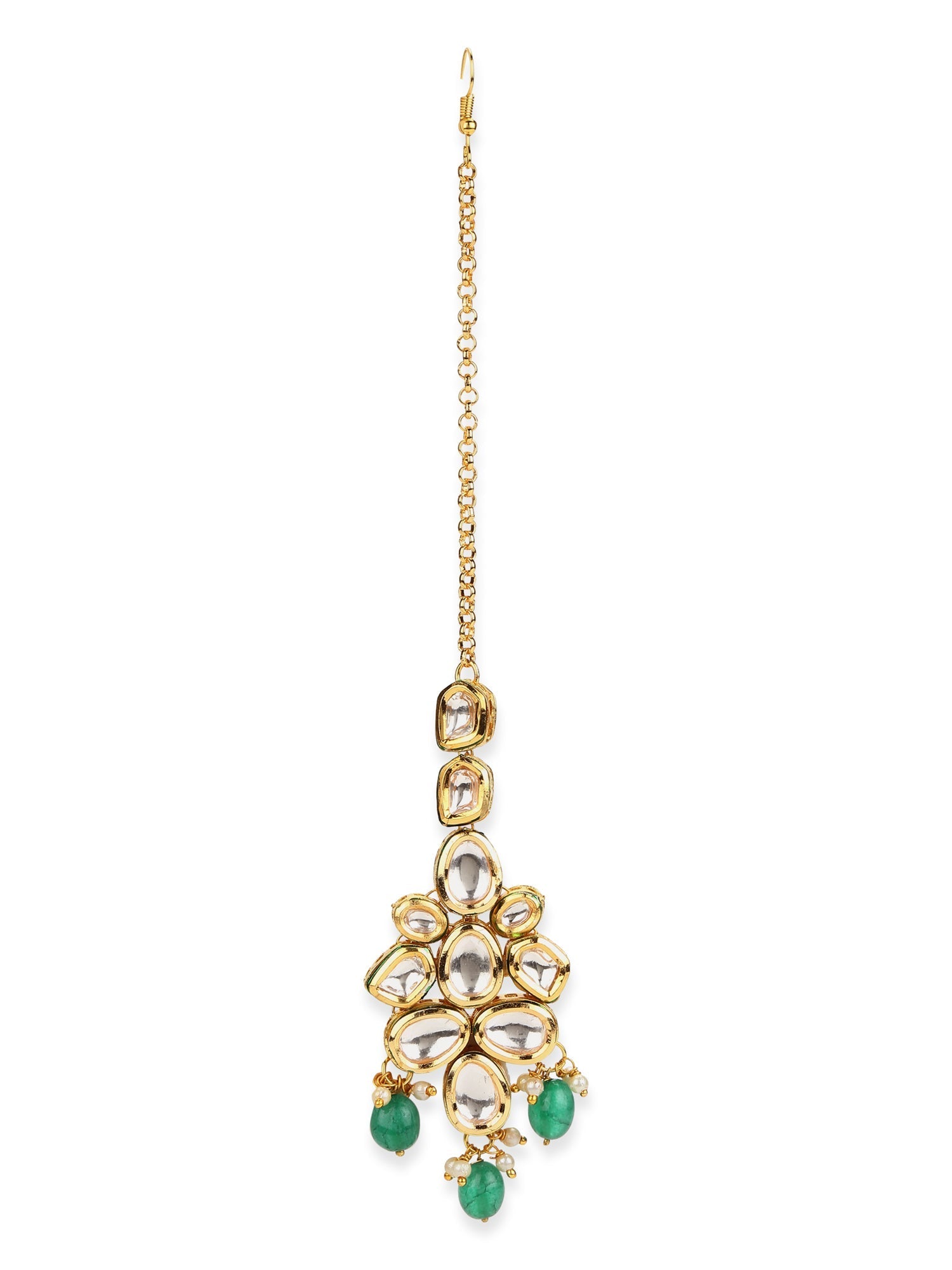 Gold-Plated Green White Kundan-Studded Maang Tikka - Ruby Raang - Grab2buy