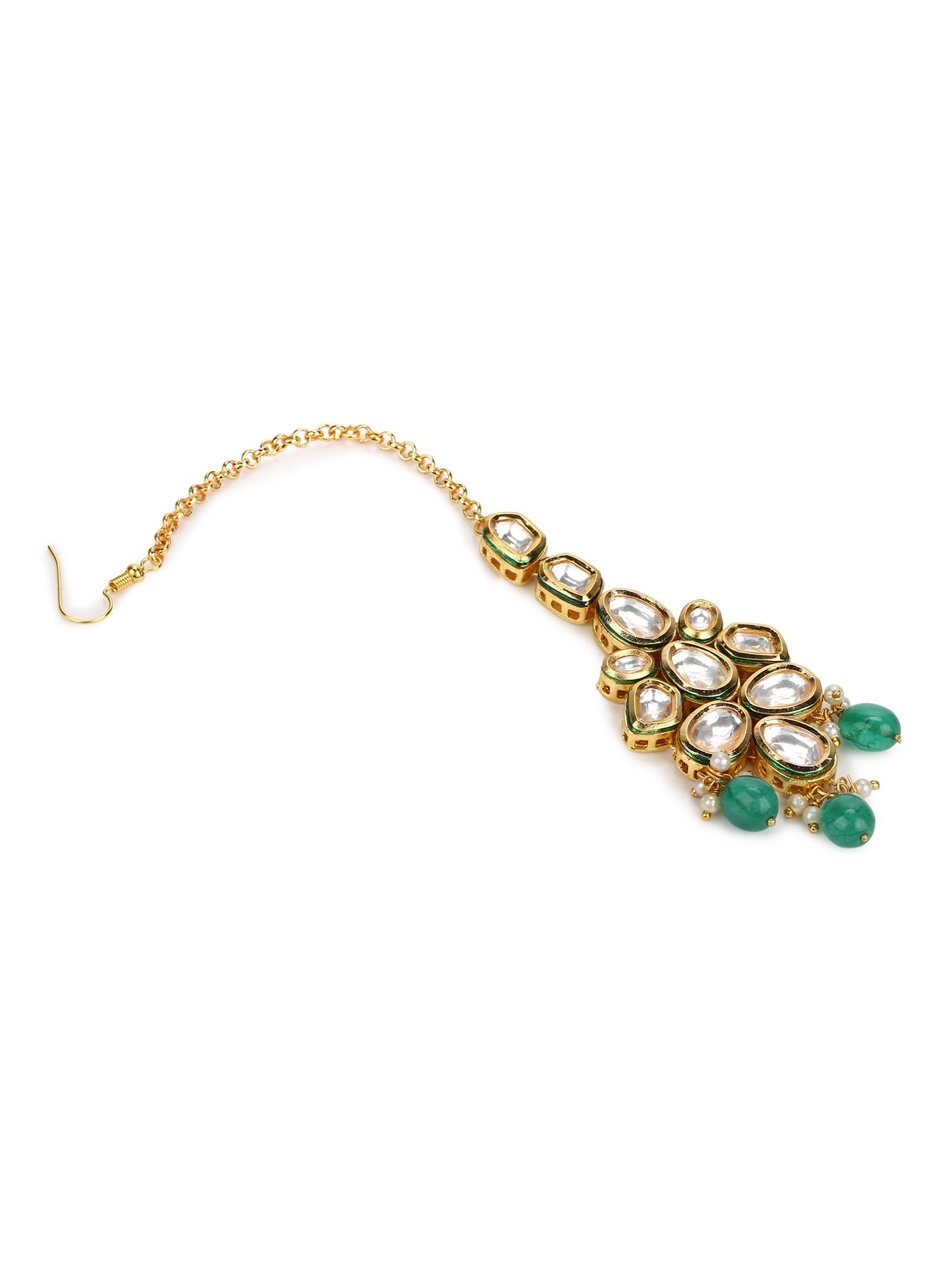 Gold-Plated Green White Kundan-Studded Maang Tikka - Ruby Raang - Grab2buy