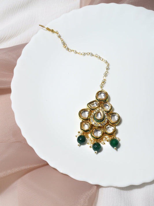 Gold-Plated Green Kundan-Studded Maang Tikka - Ruby Raang - Grab2buy