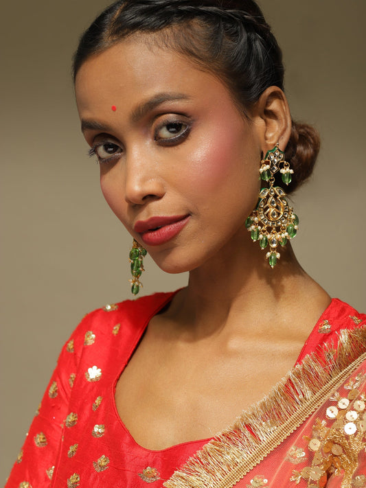 Green Gold-Plated Kundan Drop Earrings - Ruby Raang - Grab2buy
