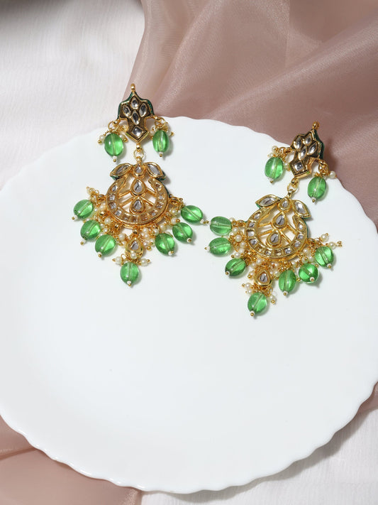 Green Gold-Plated Kundan Drop Earrings - Ruby Raang - Grab2buy