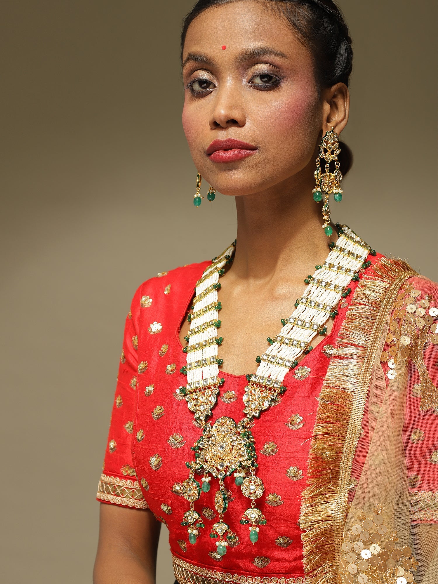 Gold-Plated White Green Kundan Studded Handcrafted Jewellery Set - Ruby Raang - Grab2buy