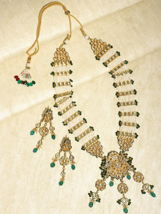 Gold-Plated White Green Kundan Studded Handcrafted Jewellery Set - Ruby Raang - Grab2buy
