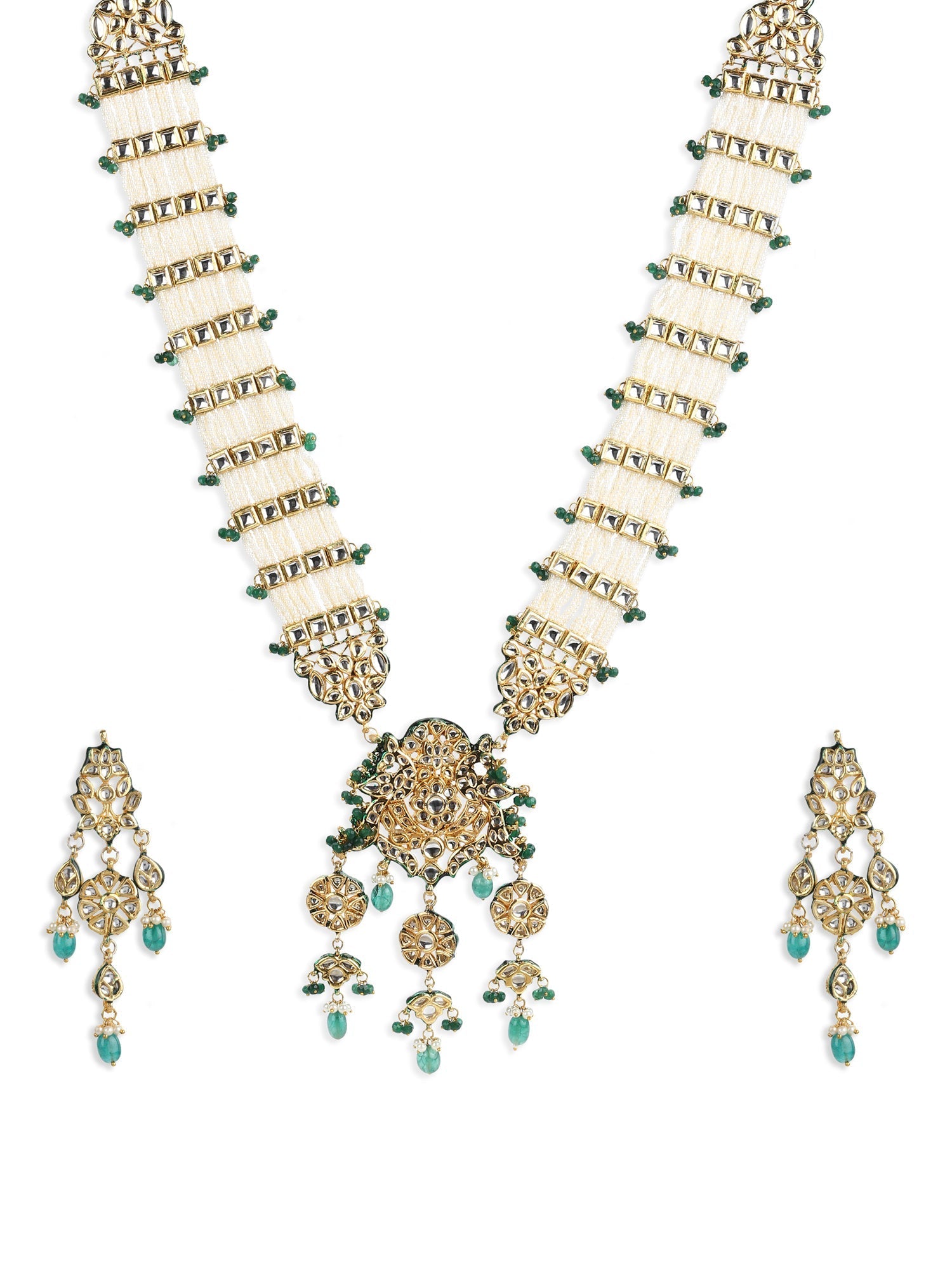 Gold-Plated White Green Kundan Studded Handcrafted Jewellery Set - Ruby Raang - Grab2buy