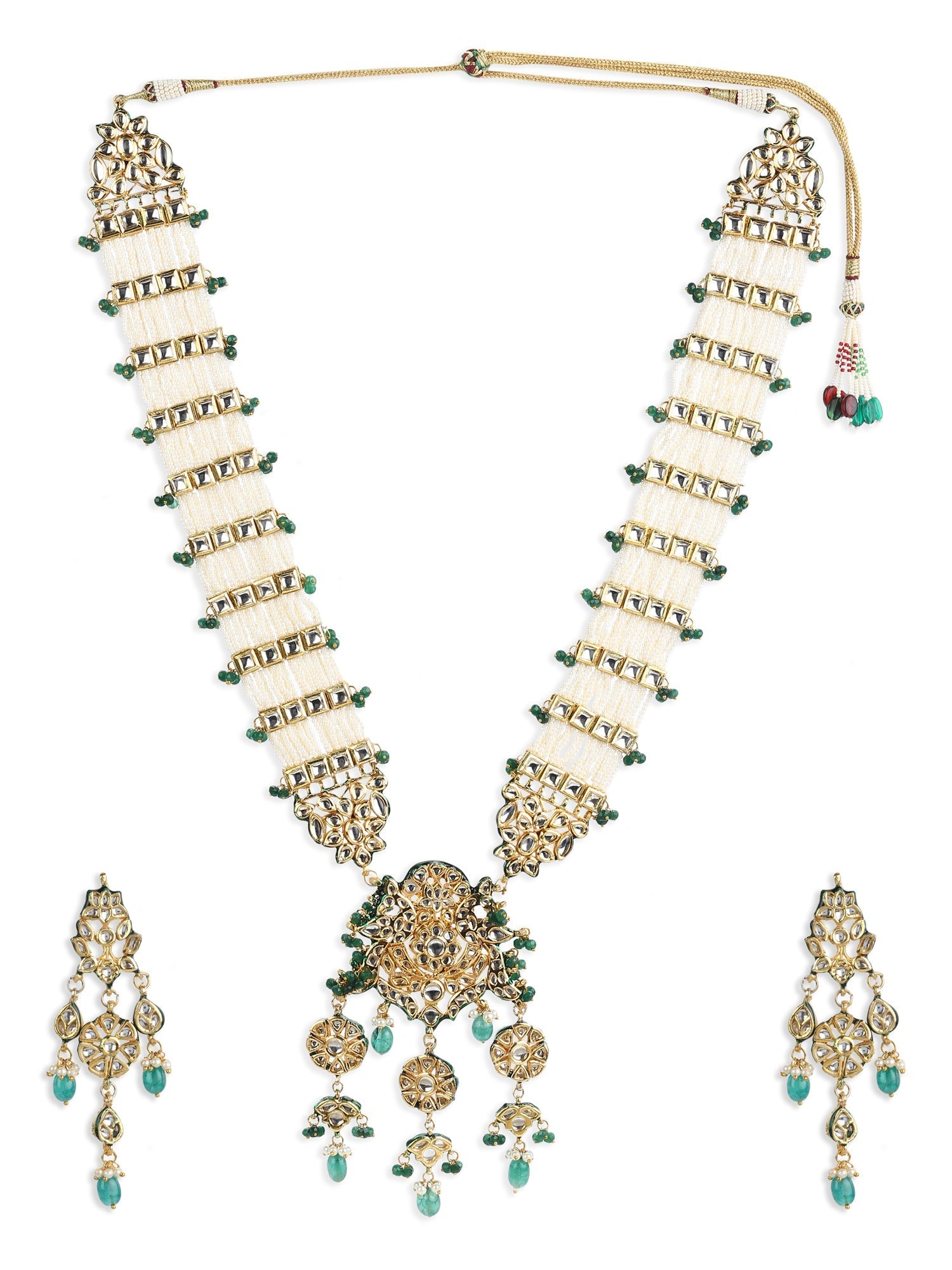 Gold-Plated White Green Kundan Studded Handcrafted Jewellery Set - Ruby Raang - Grab2buy
