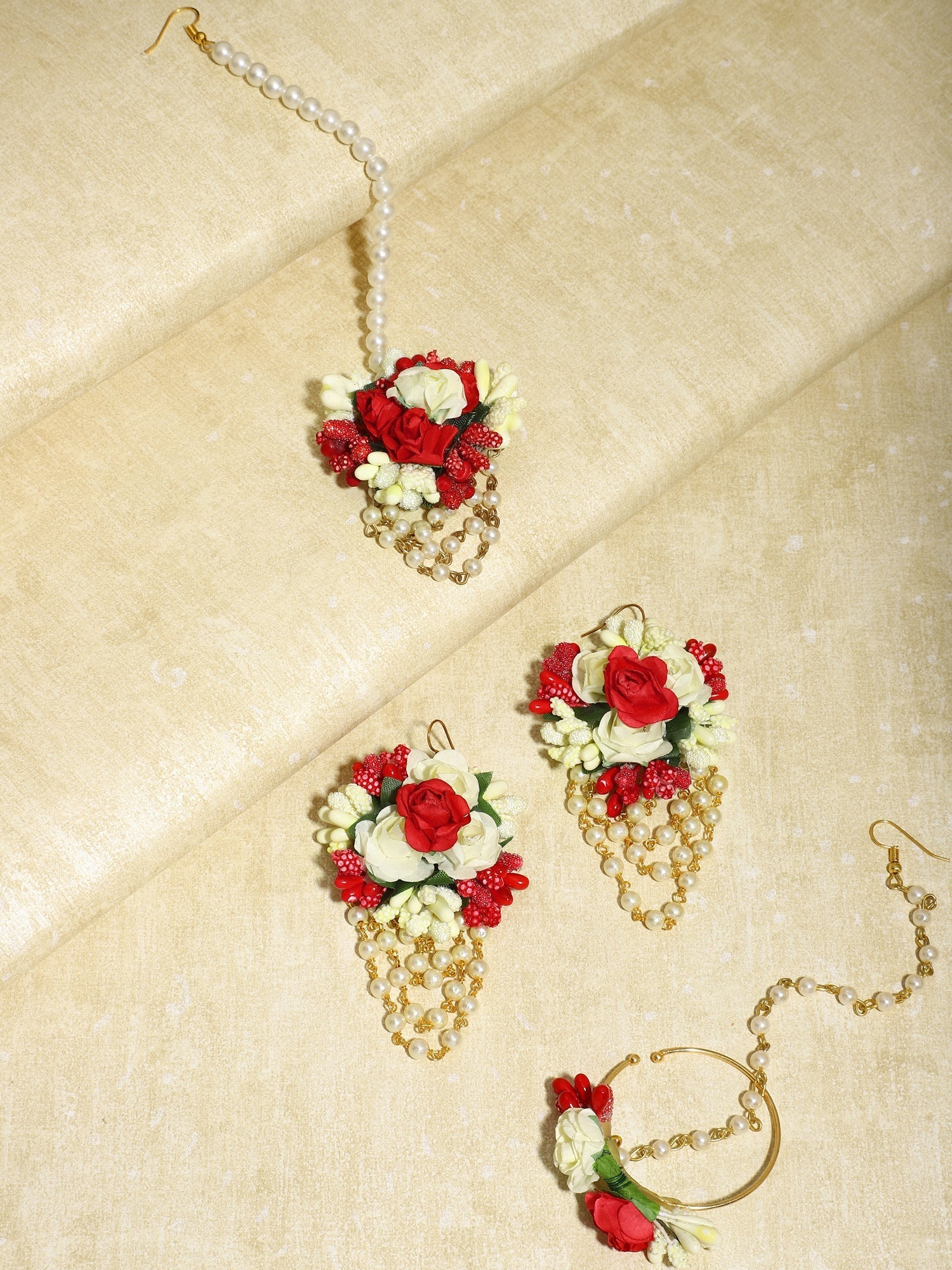 Flower Jewellery Gold-Plated Red Floral Jewellery Set - Ruby Raang - Grab2buy