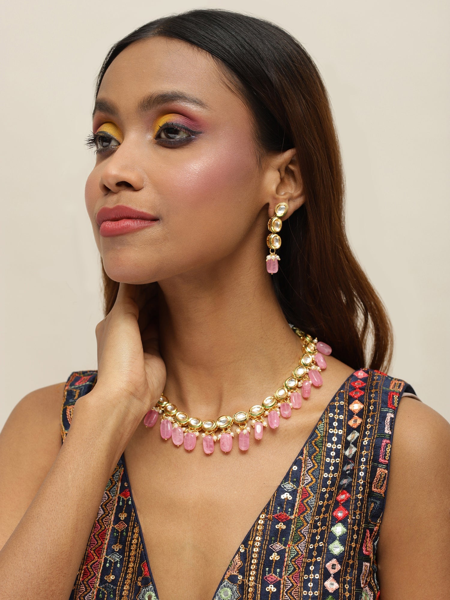 Gold-Plated White Pink Kundan-Studded Pearl Beaded Handcrafted Jewellery Set - Ruby Raang - Grab2buy