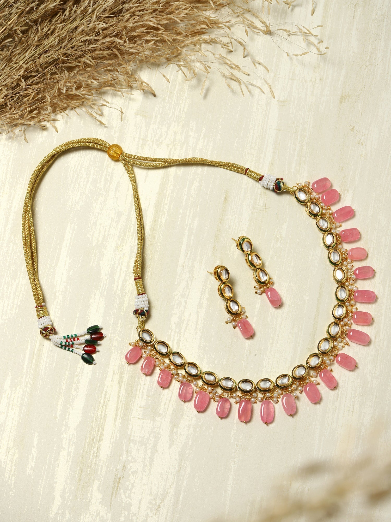 Gold-Plated White Pink Kundan-Studded Pearl Beaded Handcrafted Jewellery Set - Ruby Raang - Grab2buy