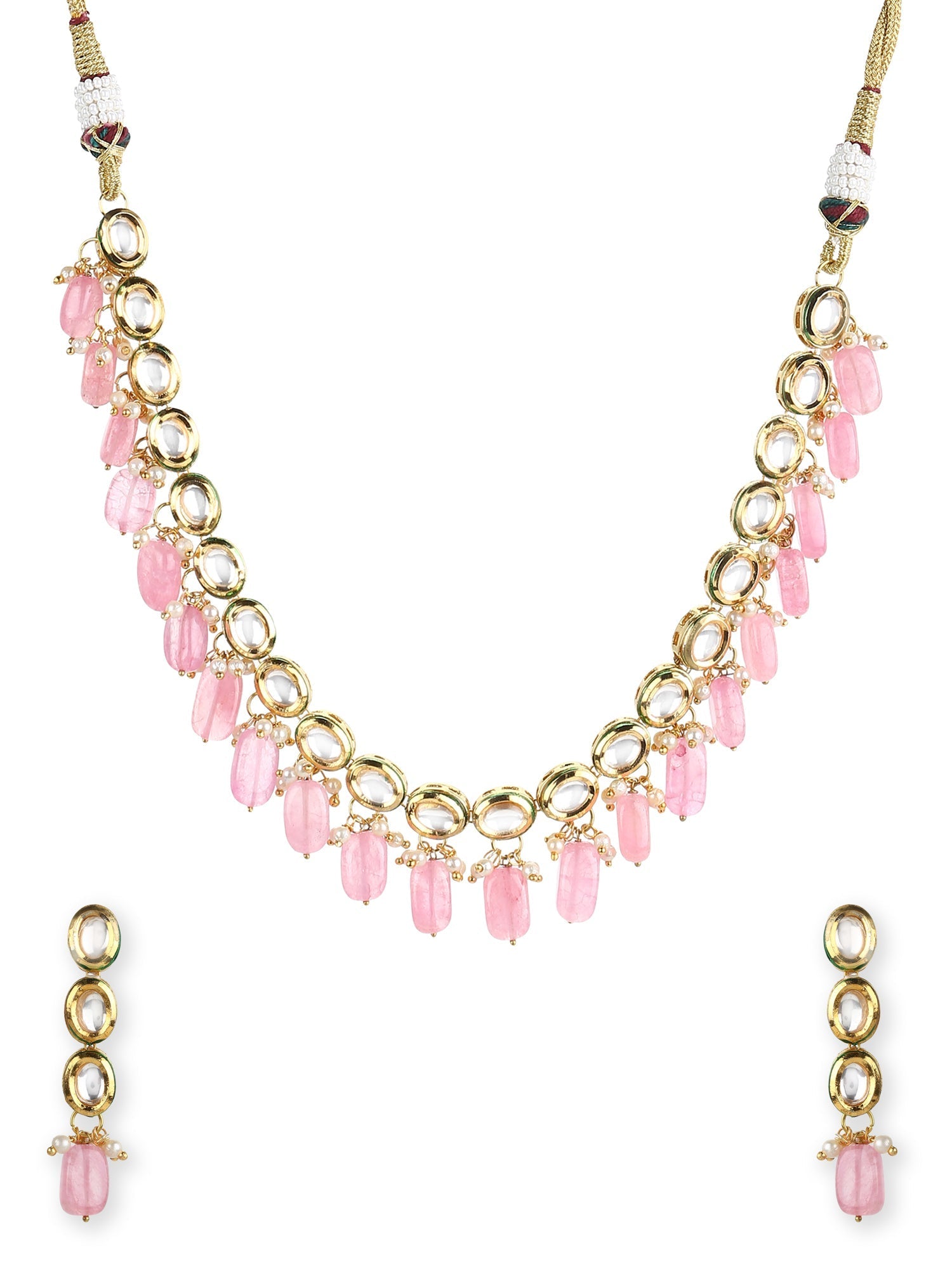 Gold-Plated White Pink Kundan-Studded Pearl Beaded Handcrafted Jewellery Set - Ruby Raang - Grab2buy