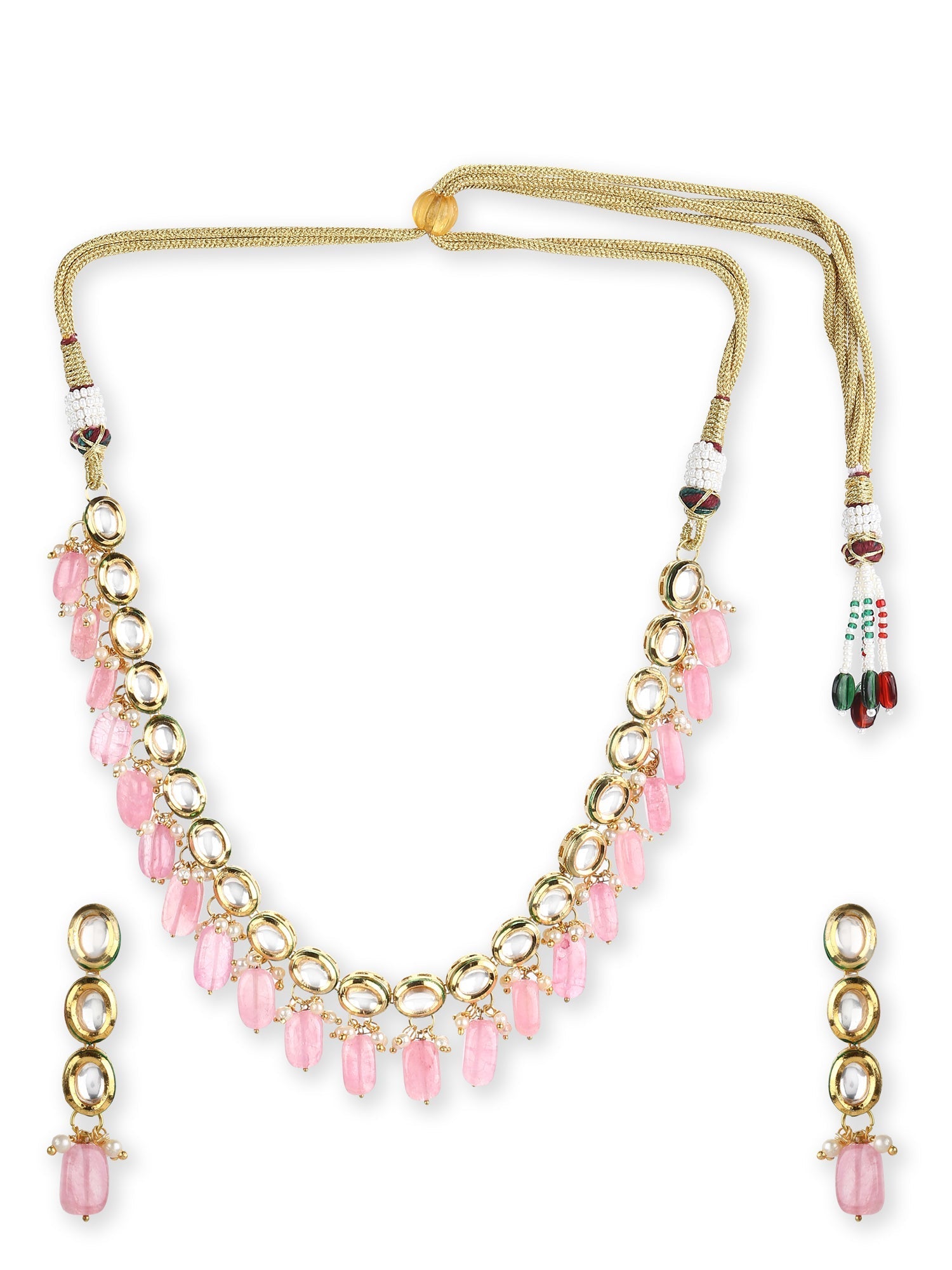 Gold-Plated White Pink Kundan-Studded Pearl Beaded Handcrafted Jewellery Set - Ruby Raang - Grab2buy