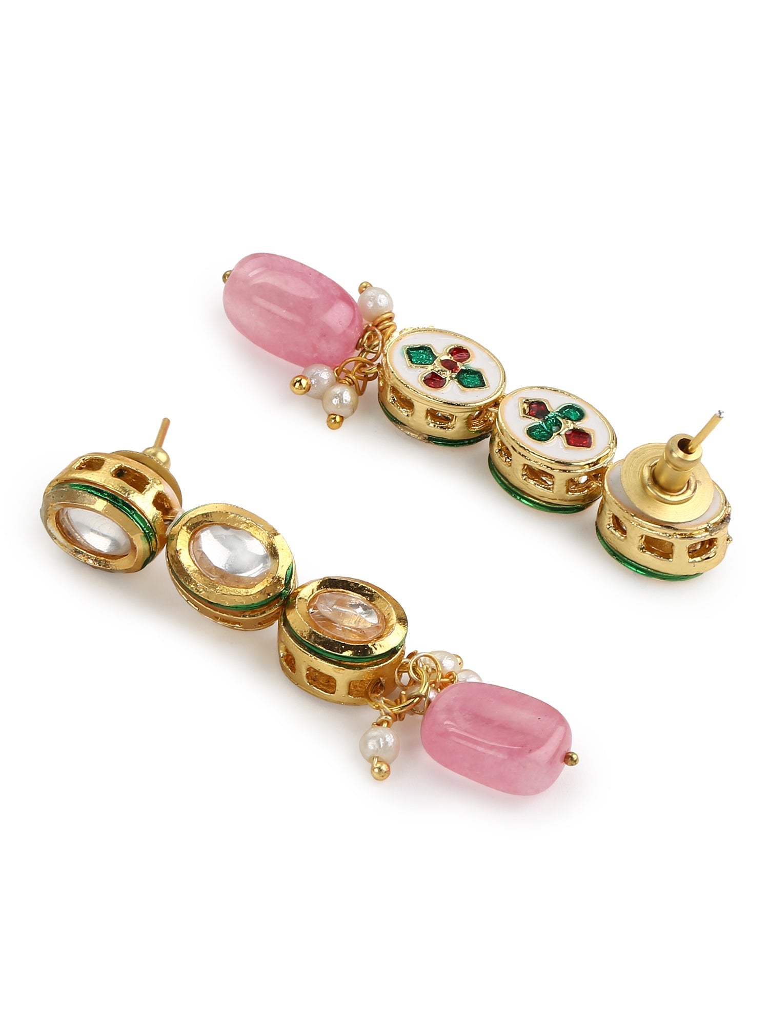 Gold-Plated White Pink Kundan-Studded Pearl Beaded Handcrafted Jewellery Set - Ruby Raang - Grab2buy
