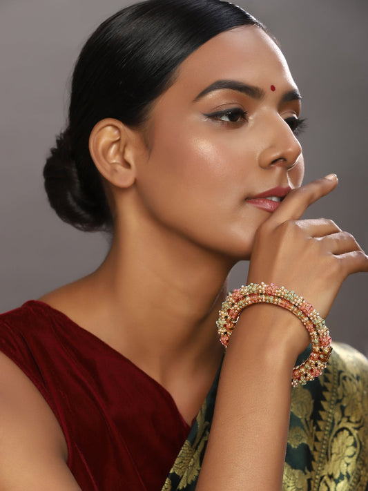 Gold-Polished Green Stone-Studded Beaded Meenakari Bangle - Ruby Raang 