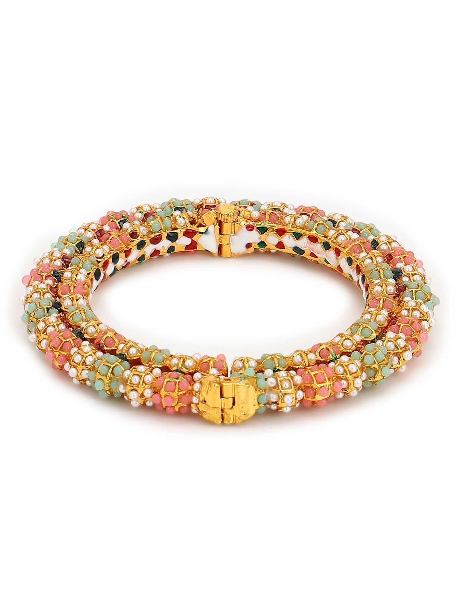 Gold-Polished Green Stone-Studded Beaded Meenakari Bangle - Ruby Raang 