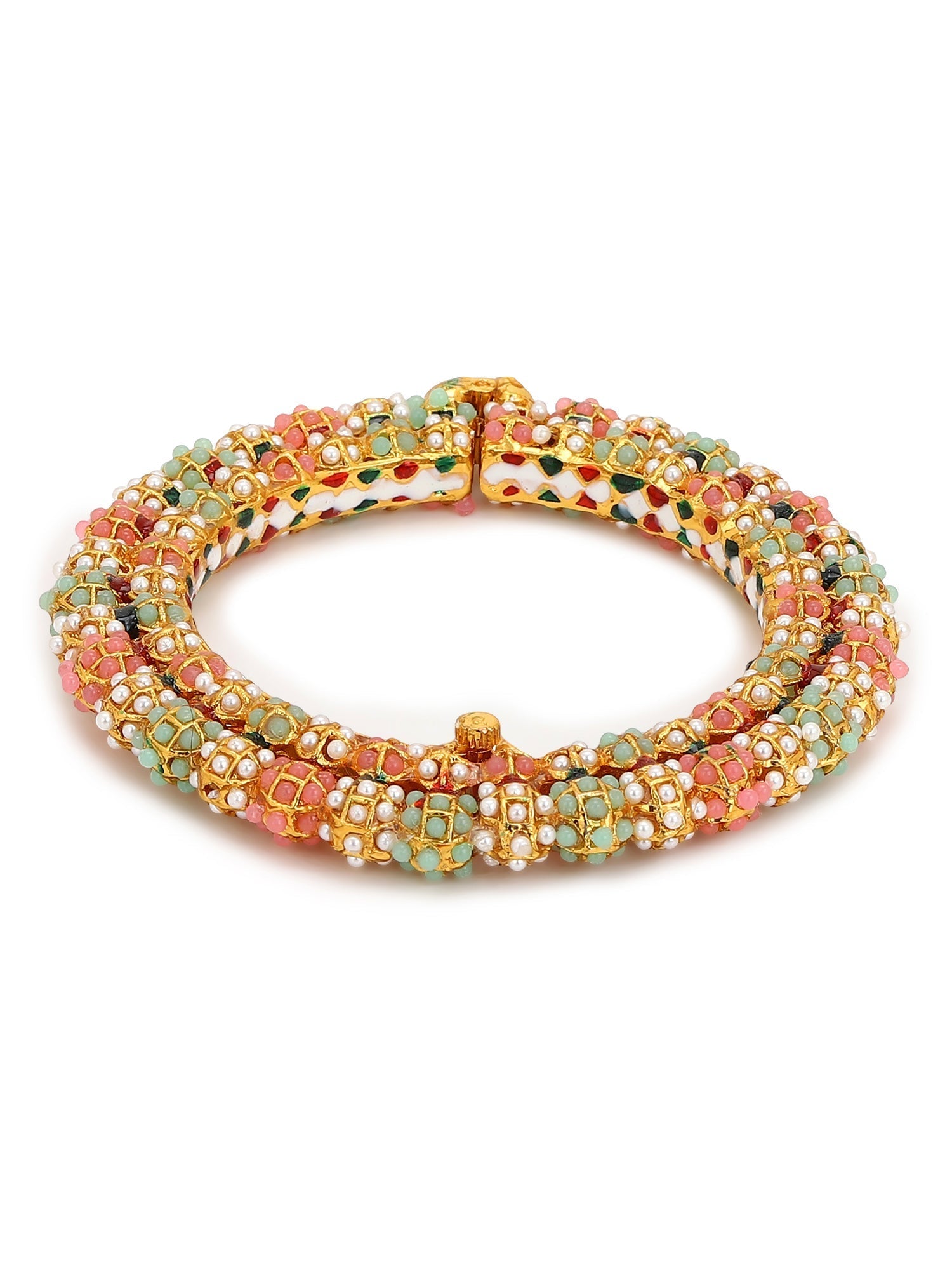 Gold-Polished Green Stone-Studded Beaded Meenakari Bangle - Ruby Raang 